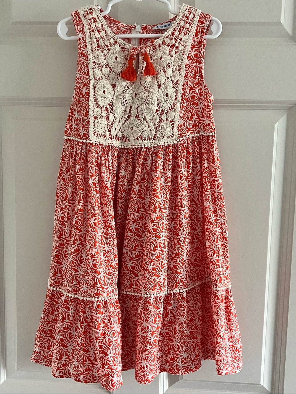 Mayoral Red Floral Dress with Cream Crochet Bib